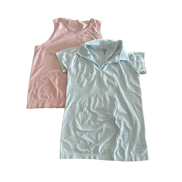Lot of 2 Athleta Tops Lightweight Activewear Pink & Blue Short Sleeve Stretchy M - Picture 1 of 8